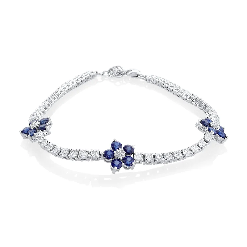 Gemstone Bracelets For Healing-2.00 Carat Sapphire and 2.50 Carat Round Diamond Floral Bracelet set in 18K White Gold