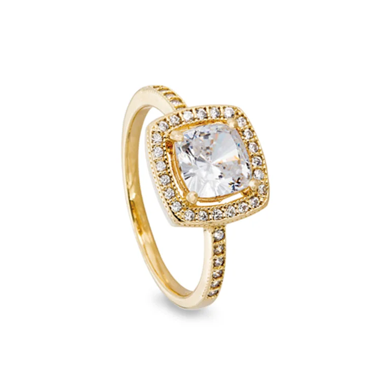 18k Gold Rings-Gold Finish Sterling Silver Micropave Cushion Cut Ring with 37 Simulated Diamonds