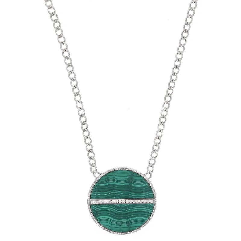 Minimalist Gold Necklaces-Round Malachite & Diamond Pendant Curb Chain Necklace  SN000148