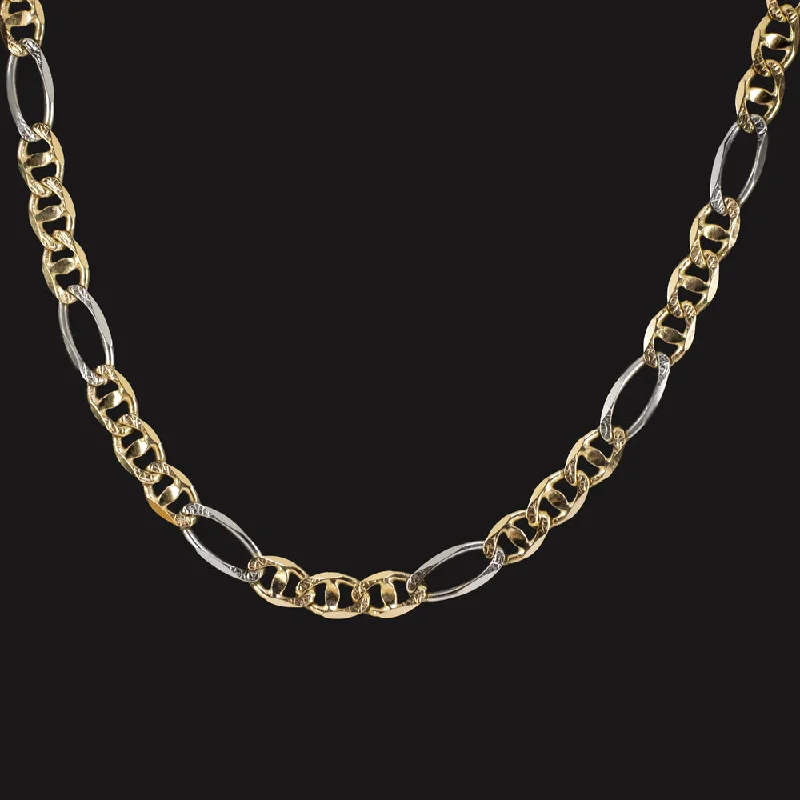 Long Necklaces-14k TWO TONE GOLD CHAIN NECKLACE 13.9gm 22 INCH MARINER FIGARO LINK WHITE YELLOW