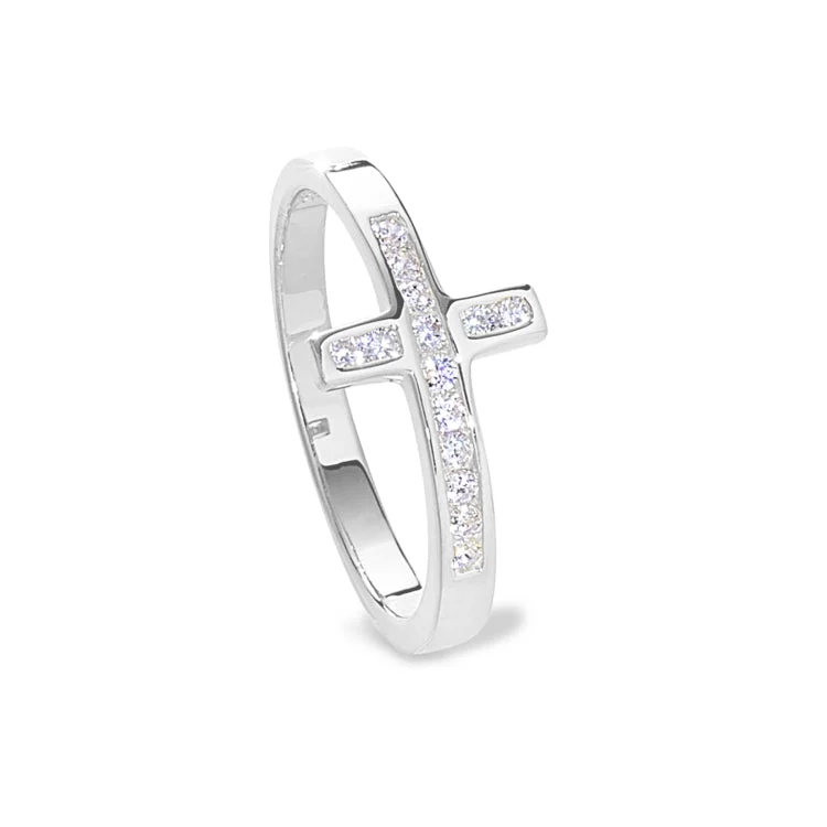 Unique Wedding Rings-Platinum Finish Sterling Silver Micropave Cross Ring with Simulated Diamonds - size 6