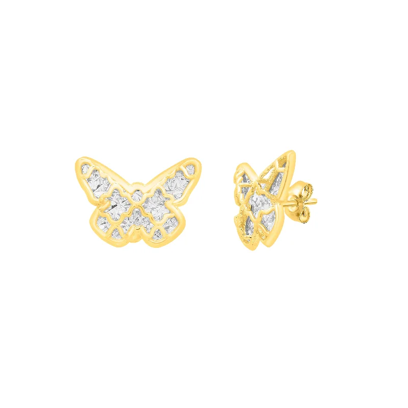 Vintage Earrings-14K Gold Diamond Cut Checkered Butterfly Studs