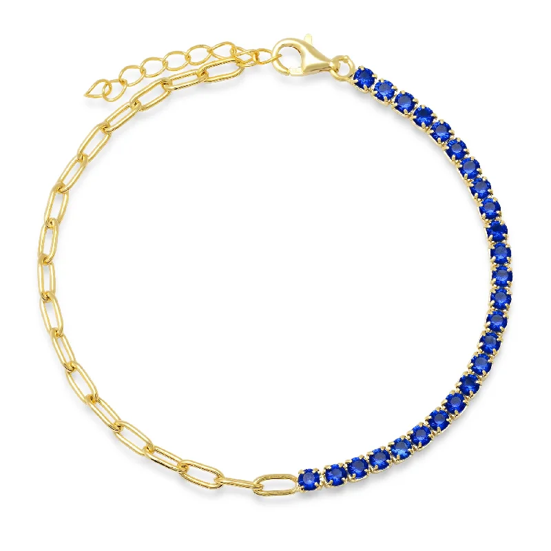 Bracelets For Couples-HALF & HALF PAPERCLIP BLUE TENNIS BRACELET, GOLD