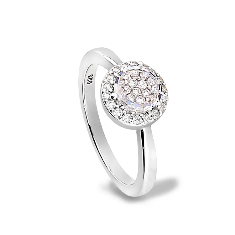 Unique Wedding Rings-Platinum Finish Sterling Silver Micropave Round Ring with Simulated Diamonds -Size 7