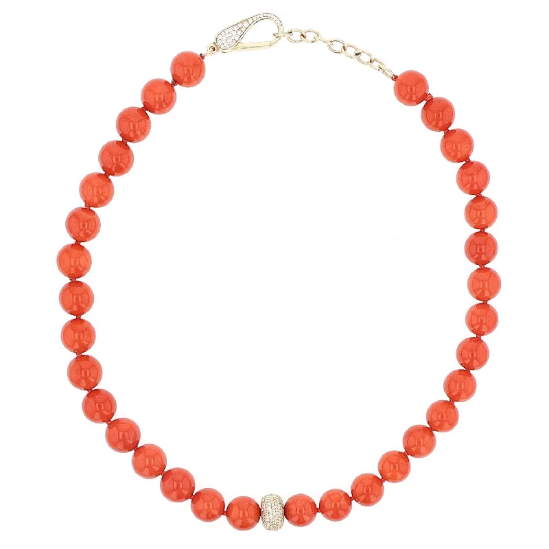 Trendy Pendant Necklaces-Italian Red Coral Bead Necklace with 14K Gold Pave Diamond Donut  NG002574