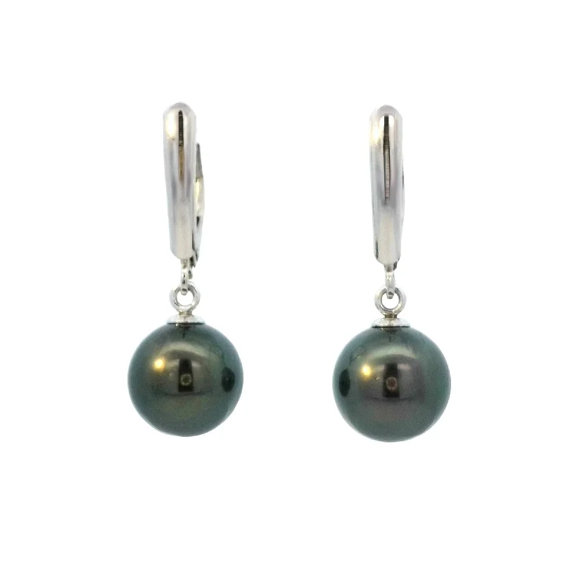 Elegant Ear Studs-Tahitian Pearl Leverback Dangle Earrings in White Gold