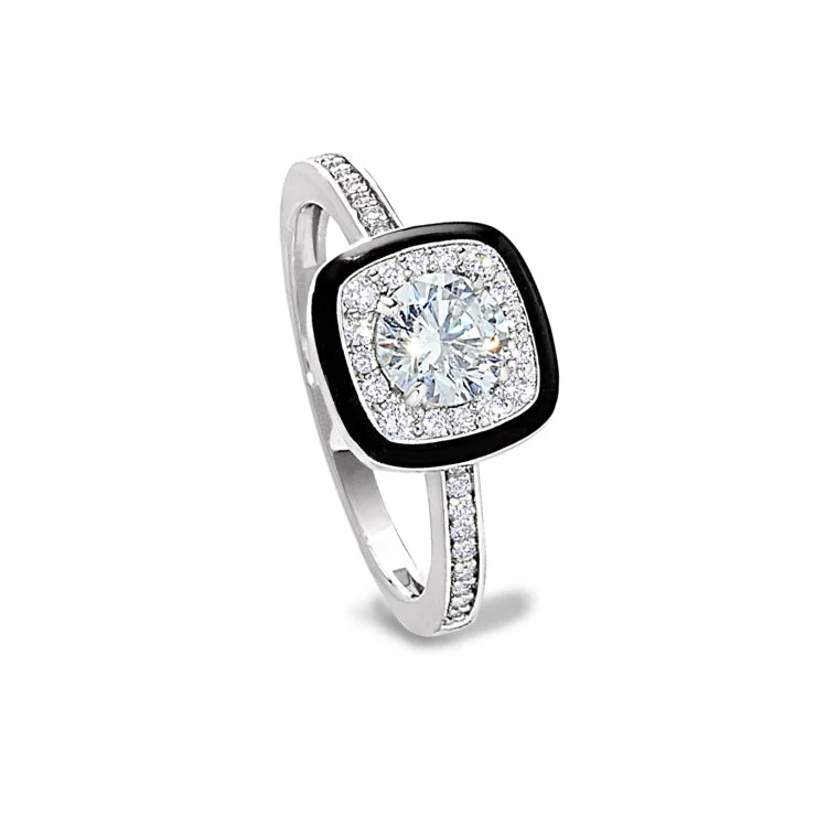 Classic Diamond Engagement Rings-Platinum Finish Sterling Silver Micropave Cushion Cut Ring with Thin Black Enamel and Simulated Diamonds - Size 7