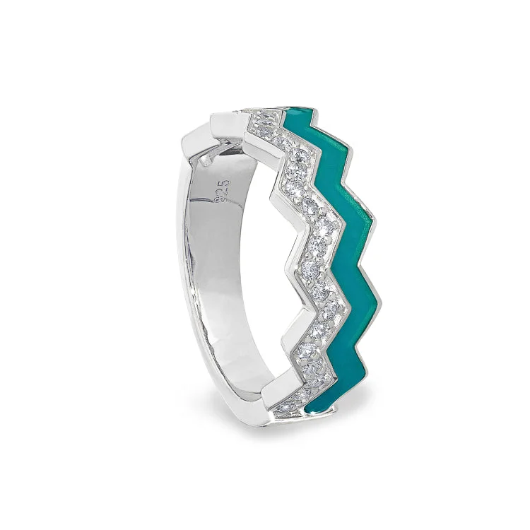 Engraved Wedding Bands-Platinum Finish Sterling Silver Micropave Ring with with Turquoise Enamel and Simulated Diamondss