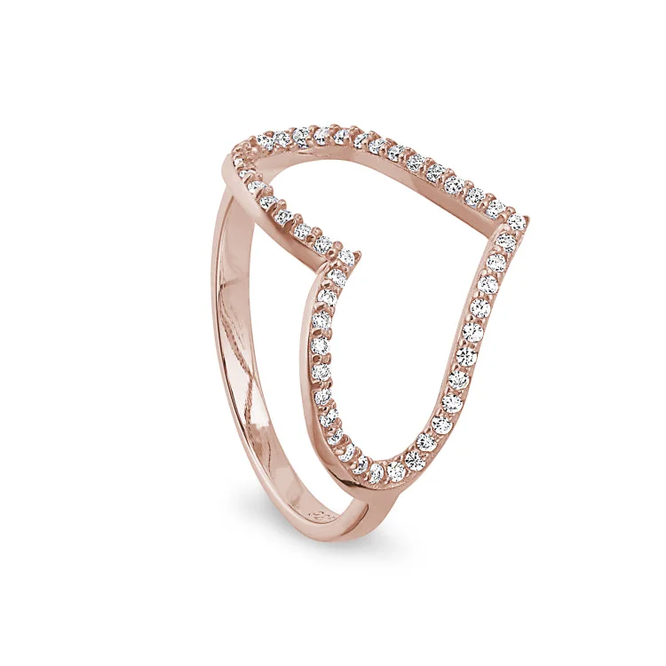 Wedding Set Rings-Rose Gold Finish Sterling Silver Micropave Open Heart Ring with Simulated Diamonds