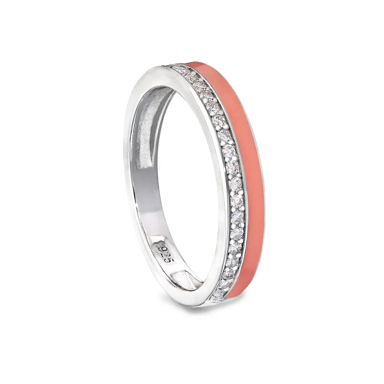 Gold Plated Rings-Platinum Finish Sterling Silver Micropave Ring with with Coral Enamel and Simulated Diamondss