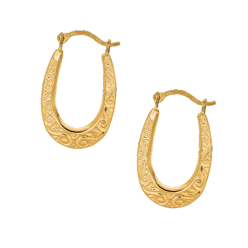 Red Drop Earrings-10K Gold Oval Scroll Pattern Hoop Earring