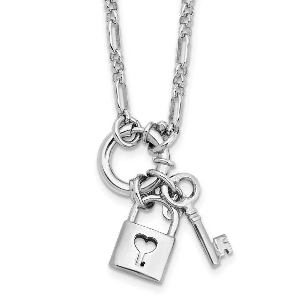 Circle Pendant Necklaces-Sterling Silver Rhodium-plated Polished Lock and Key Necklace