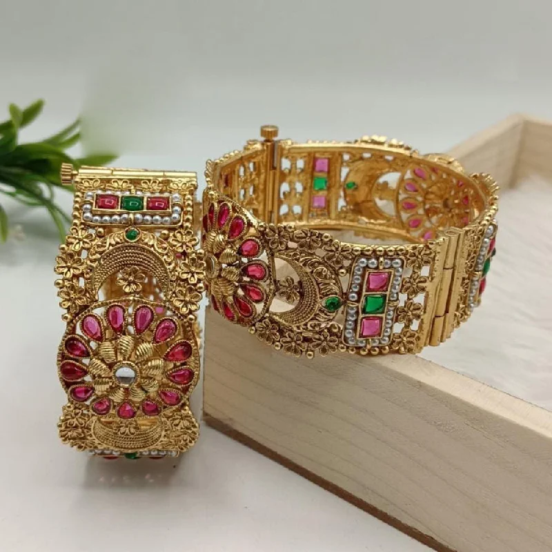 Bangles For Indo-Western Look-FS Collection Gold Plated Pota Stone And Pearls Openable Bangle Set