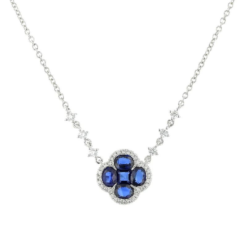 Black Gold Necklaces-Round Diamond and Blue Sapphire Necklace in 14K White Gold, 18in