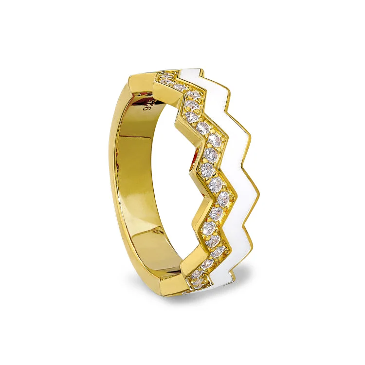 Custom Wedding Bands-Gold Vermeil Sterling Silver Micropave Ring with with White Enamel and Simulated Diamondss