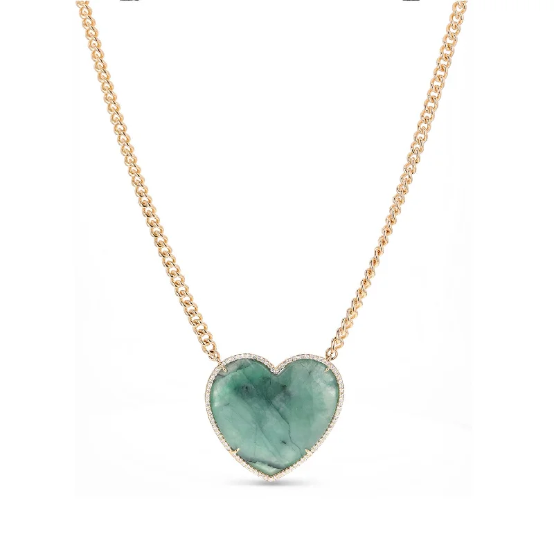 Women’s Necklaces-14K Emerald Diamond Heart Curb Chain Necklace - 18" NG002702