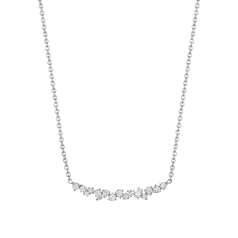 Diamond Pendant Necklaces-Diamond Cluster Curved Bar Necklace in 18K White Gold, 18in