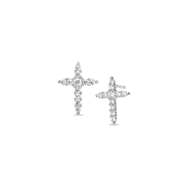 Stylish Stud Earrings-Platinum Finish Sterling Silver Cross Earrings with Simulated Diamonds