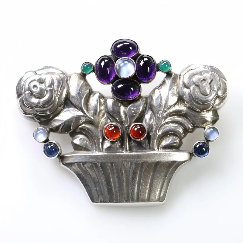 Brooch With Sapphire-Georg Jensen Jewelry | Multi-Gem Flower Basket Art Nouveau Silver Vintage Brooch 67