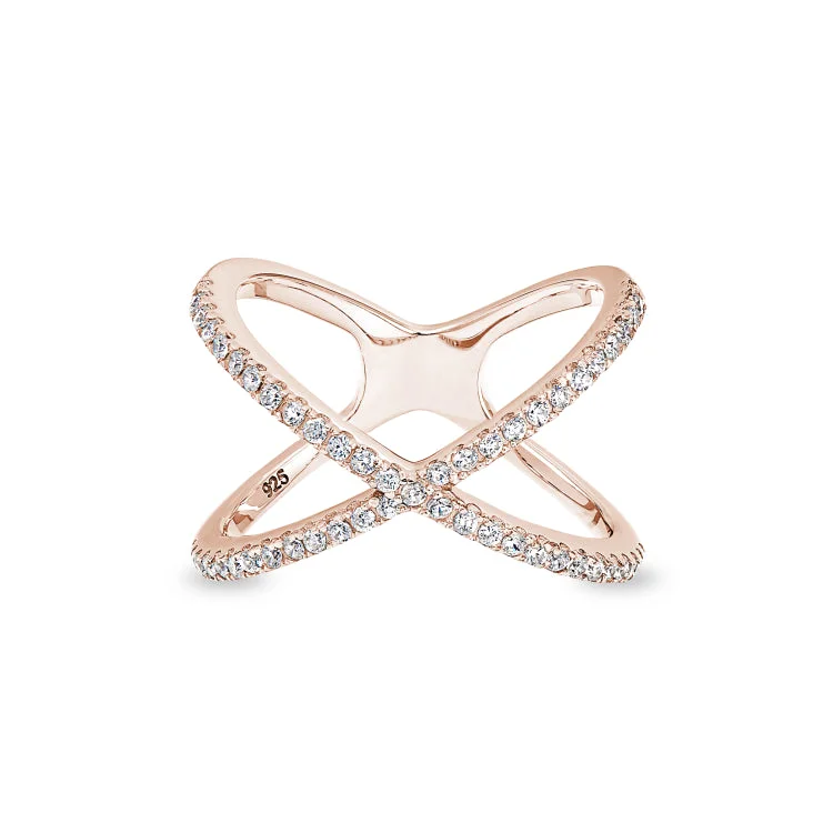 White Gold Wedding Bands-Rose Gold Finish Sterling Silver Micropave Criss-Cross Ring with Simulated Diamonds