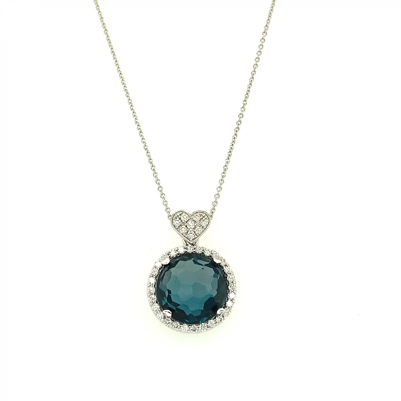 Luxury Diamond Necklaces-Blue Topaz Mini Round Necklace with Diamonds 351-JSA