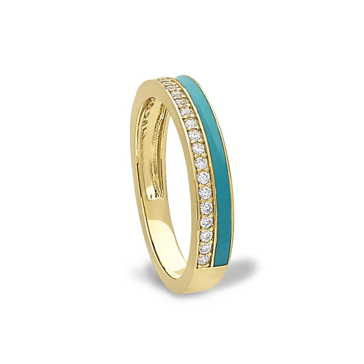 Couples Rings-Gold Vermeil Sterling Silver Micropave Ring with with Turquoise Enamel and Simulated Diamondss