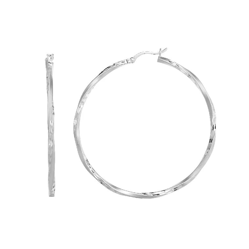 Designer Hoop Earrings-Silver 50mm Diamond Cut and Twist Hoop Earring