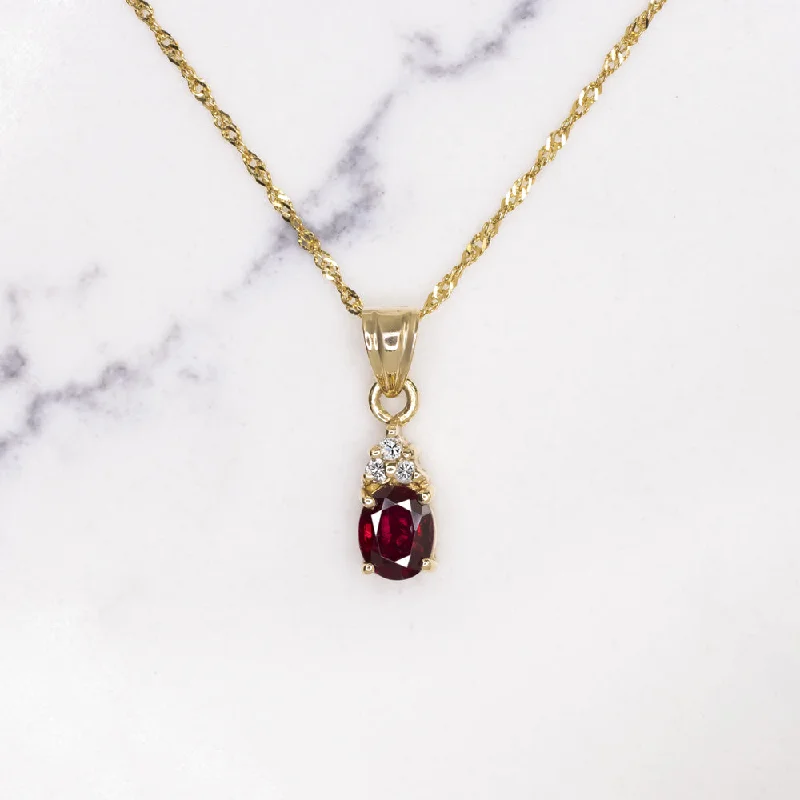 Gold Necklaces-RUBY DIAMOND PENDANT NECKLACE 18k YELLOW GOLD OVAL SHAPE NATURAL RICH RED GIFT