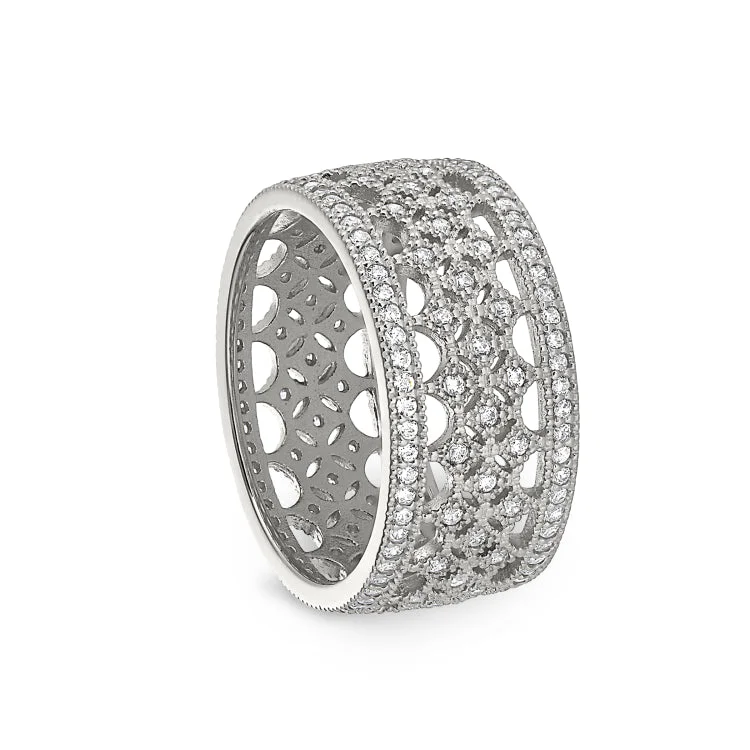 Fashion Rings-Platinum Finish Sterling Silver Micropave Fancy Ring with Simulated Diamonds