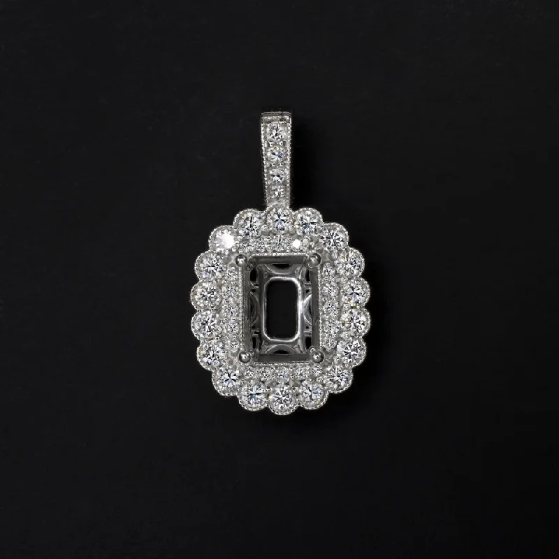 Black Diamond Necklaces-DIAMOND SEMI MOUNT PENDANT SETTING RADIANT EMERALD CUT SCALLOPED HALO NECKLACE