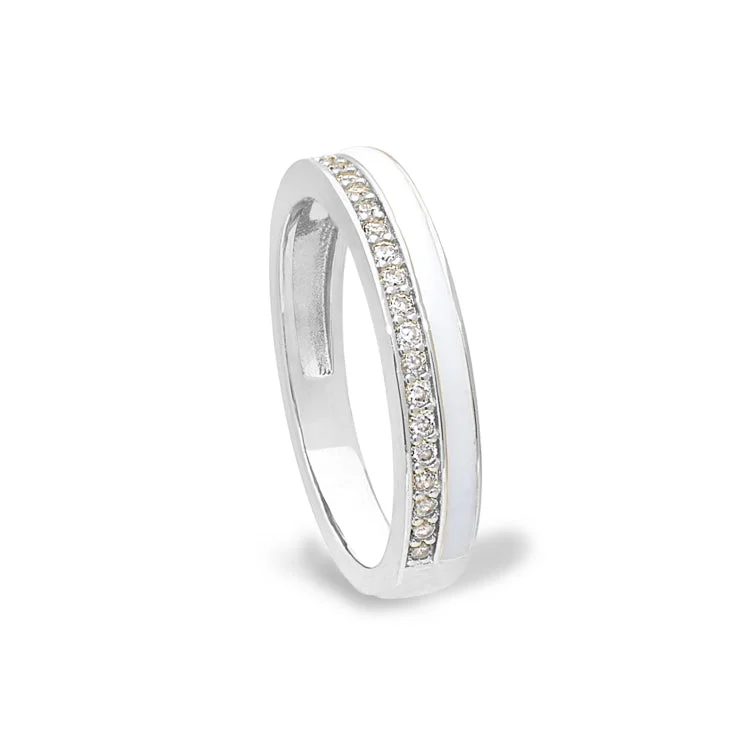 Gemstone Rings-Platinum Finish Sterling Silver Micropave Ring with with White Enamel and Simulated Diamondss