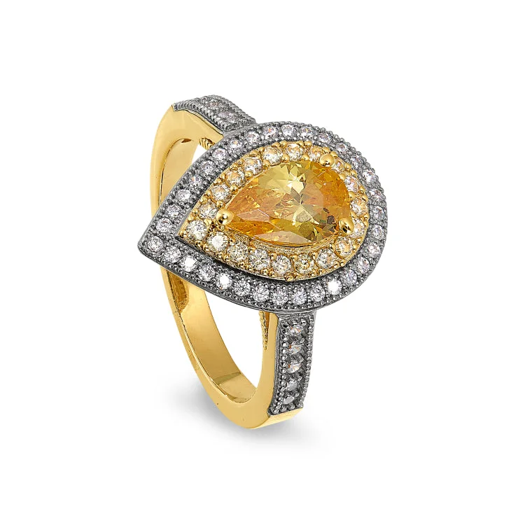 Wedding Rings-Gold and Platinum Finish Sterling Silver Micropave Pear Shaped Ring with a Canary Colored Stone and Simulated Diamonds