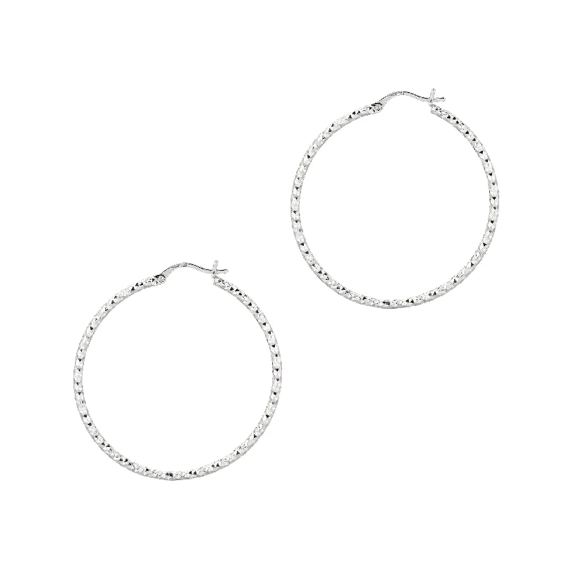 Crystal Hoop Earrings-Silver 2x40MM Diamond Cut Earring