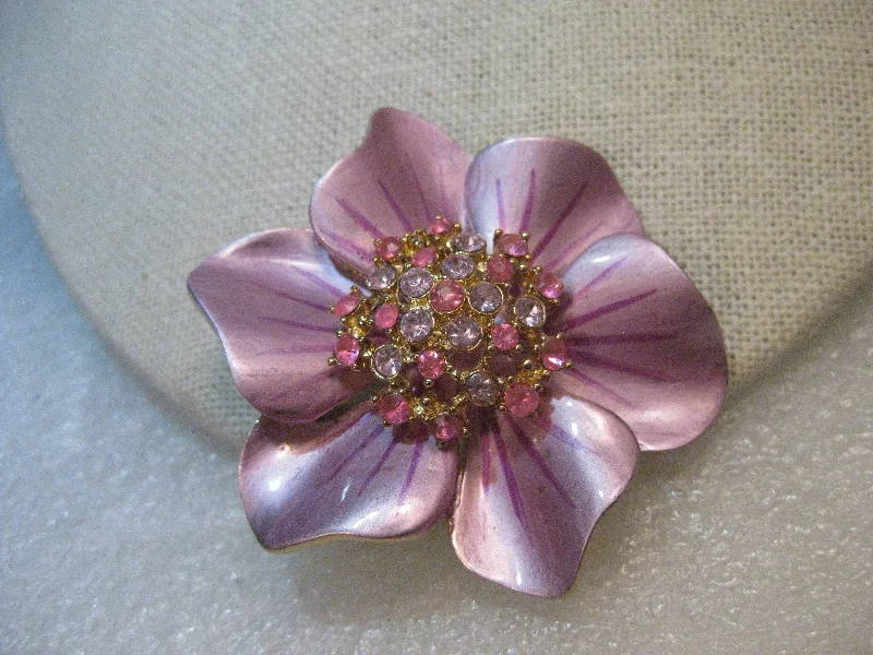 Brooch With A Romantic Theme-Vintage Enameled Flower Brooch, Rhinestone Center, Pink & Lavender, 2", 1960's