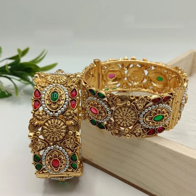 Bangles For Gujarati Style-FS Collection Gold Plated Pota Stone And Pearls Openable Bangle Set