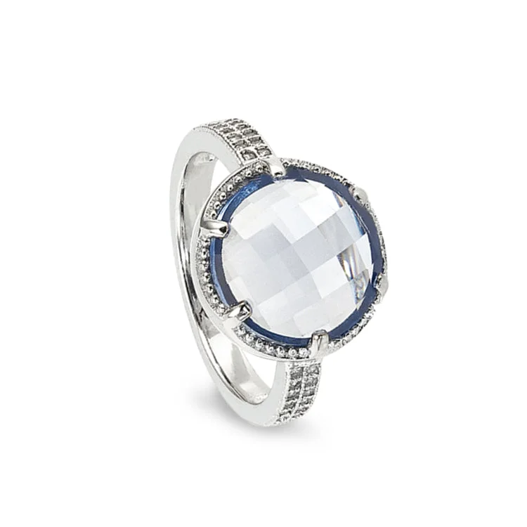 Moissanite Rings-Platinum Finish Sterling Silver Micropave Facet Cut Blue Ring with Simulated Diamonds