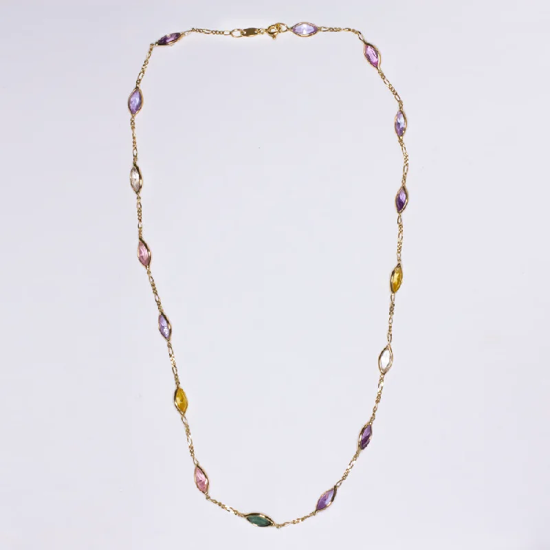 Long Gold Necklaces-SAPPHIRE STATION NECKLACE 18k YELLOW GOLD 16in GEMSTONE CHAIN RAINBOW MARQUISE