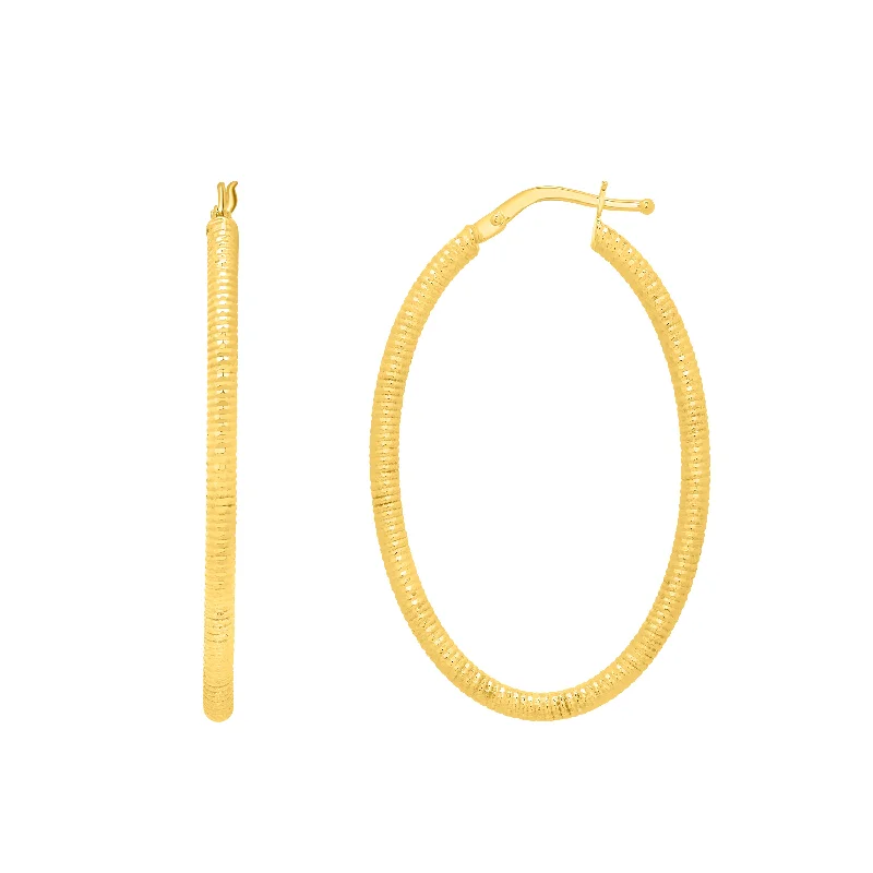 Unique Hoop Drop Earrings-14K Gold Oval Diamond Cut Hoop Earring