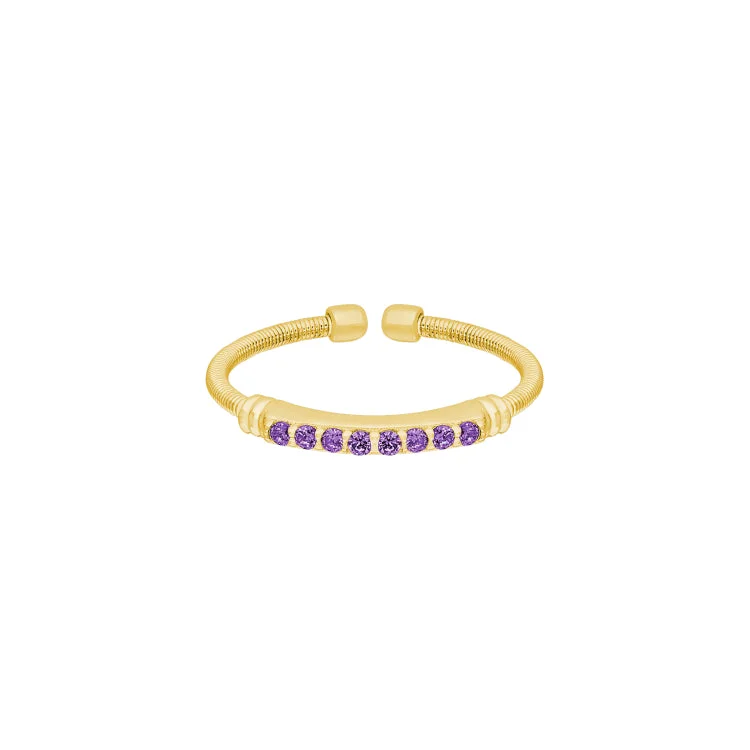 Yellow Gold Rings-Gold Finish Sterling Silver Cable Cuff Ring with Simulated Amethyst Birth Gems - February