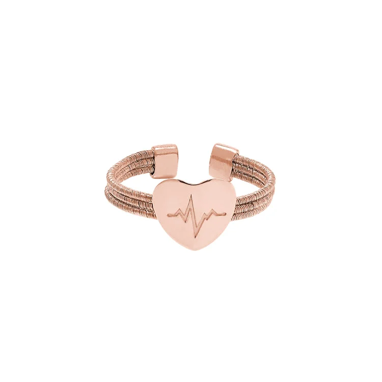 Women’s Gold Wedding Bands-Rose Gold Finish Sterling Silver Three Cable Cuff Ring with a Polished Heart with a Heartbeat Design.