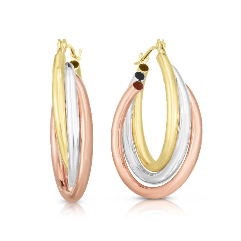 Black Diamond Drop Earrings-14K Tri-color Gold Polished Triple Row Hoop Earring