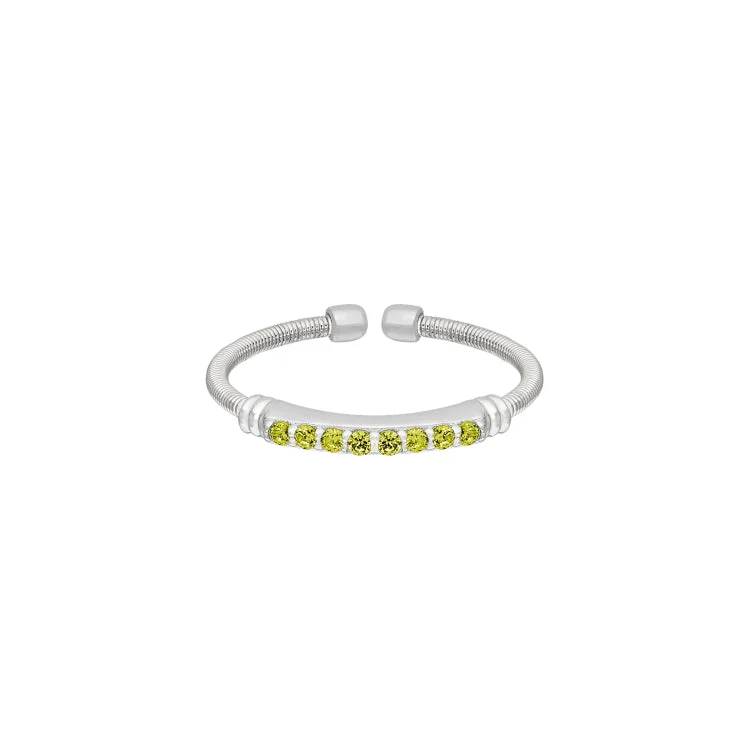 Wedding Rings With Engravings-Rhodium Finish Sterling Silver Cable Cuff Ring with Simulated Peridot Birth Gems - August