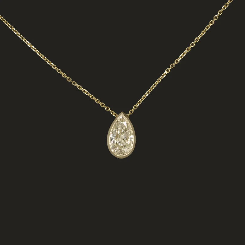 Vintage Gold Necklaces-1.30ct DIAMOND SOLITAIRE PENDANT NECKLACE PEAR SHAPE CUT 14k YELLOW GOLD BEZEL