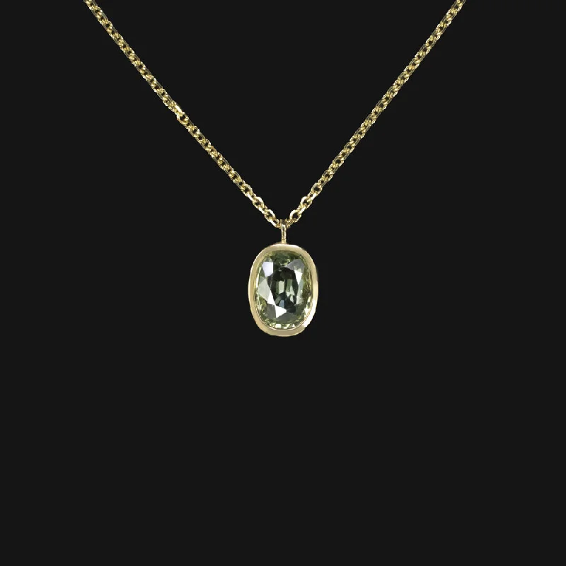 Antique Necklaces-GREEN SAPPHIRE PENDANT NECKLACE LONG CUSHION BEZEL 14K YELLOW GOLD NATURAL 1ct