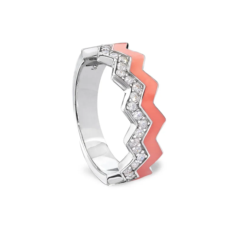 Unique Diamond Rings-Platinum Finish Sterling Silver Micropave Ring with with Coral Enamel and Simulated Diamondss