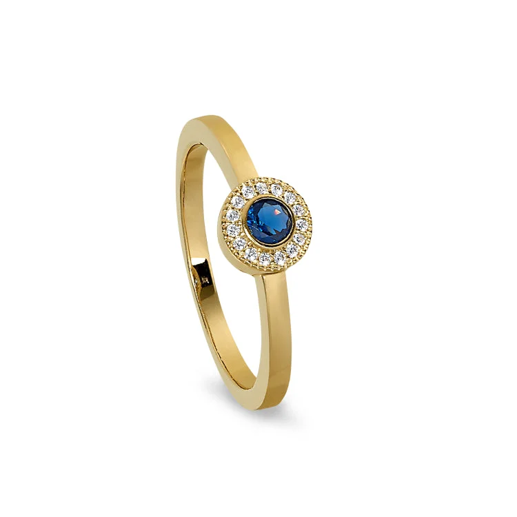 Cushion Cut Rings-Gold Finish Sterling Silver Micropave Round Simulated Sapphire Ring with Simulated Diamonds Size 7