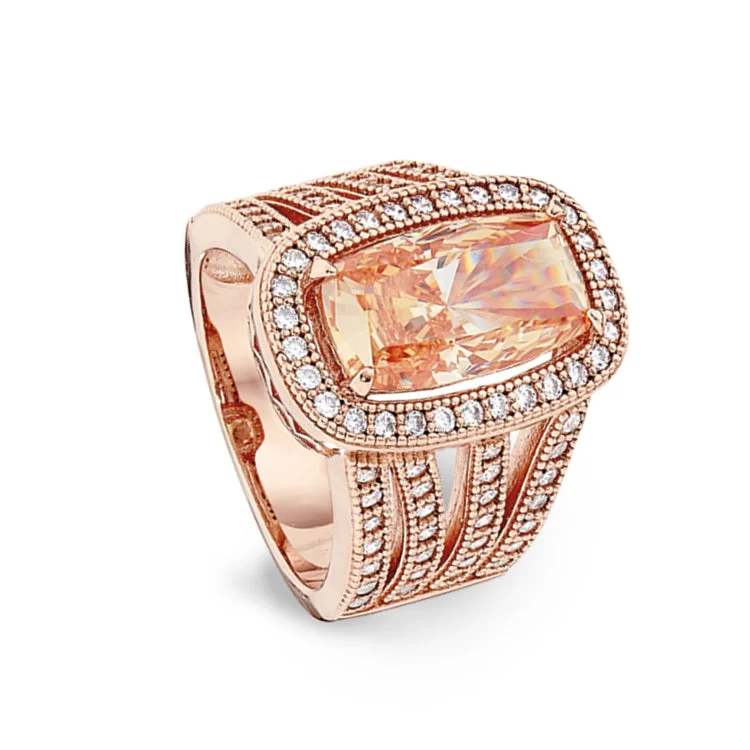 Custom Wedding Ring Designs-Rose Gold Finish Sterling Silver Micropave Ring with Light Champagne Colored Stone and Simulated Diamonds