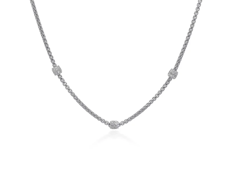 Personalized Gold Necklaces-ALOR Grey Chain Expressions Barrel Station Necklace with 14kt White Gold & Diamonds