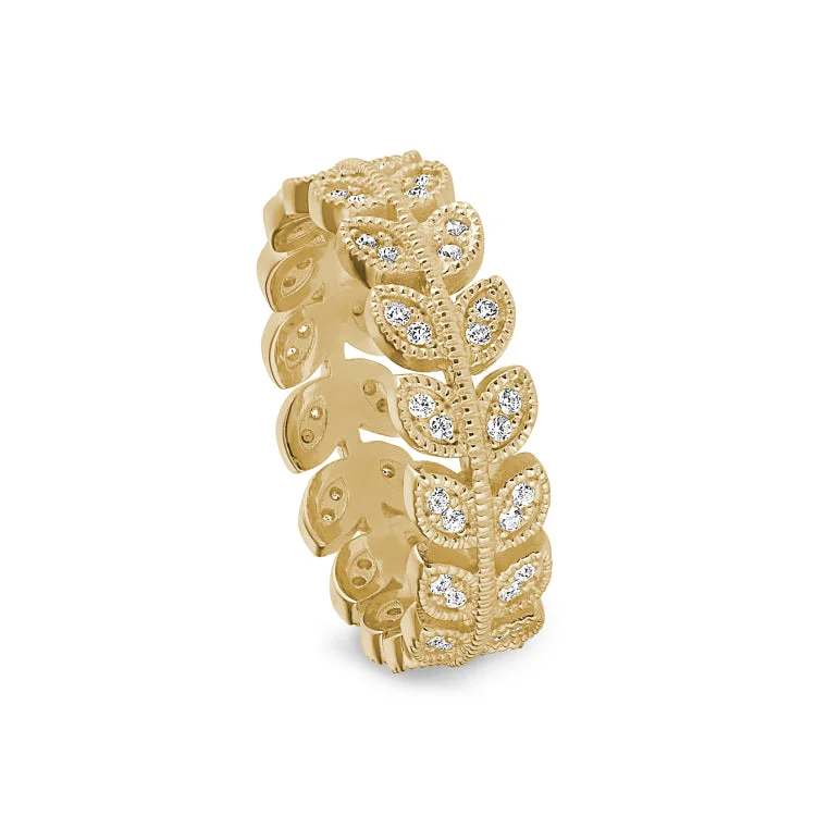 Designer Rings-Gold Finish Sterling Silver Micropave Leaf Ring with Simulated Diamonds