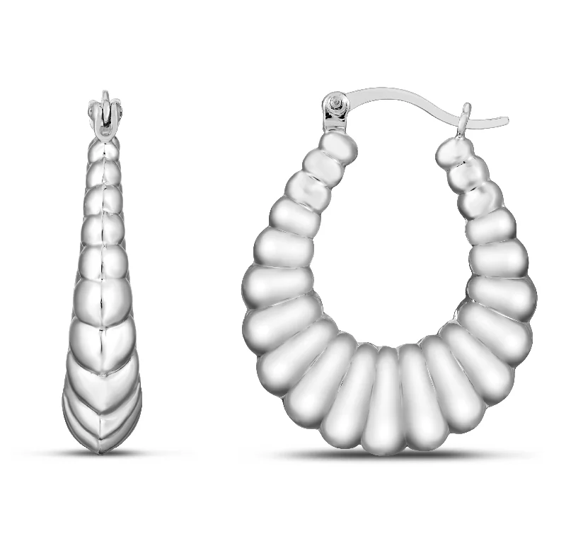 Gold Hoop Earrings for Women-Silver Graduated Ribbed Hoops